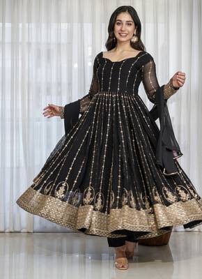 Black faux blooming zari embroidered sequins kali cut anarkali suit set with dupatta 1