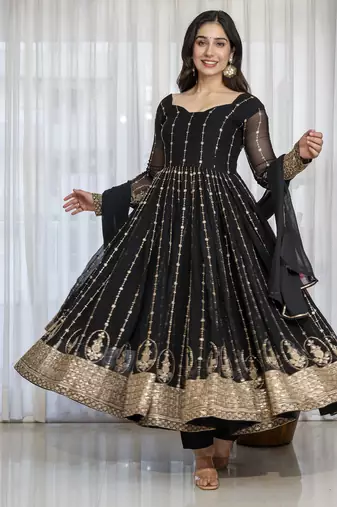 Black faux blooming zari embroidered sequins kali cut anarkali suit set with dupatta