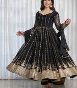 Black faux blooming zari embroidered sequins kali cut anarkali suit set with dupatta