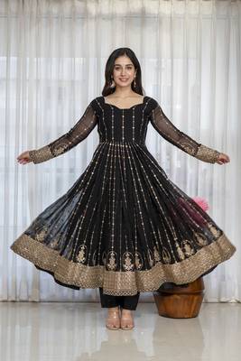 Black faux blooming zari embroidered sequins kali cut anarkali suit set with dupatta 2