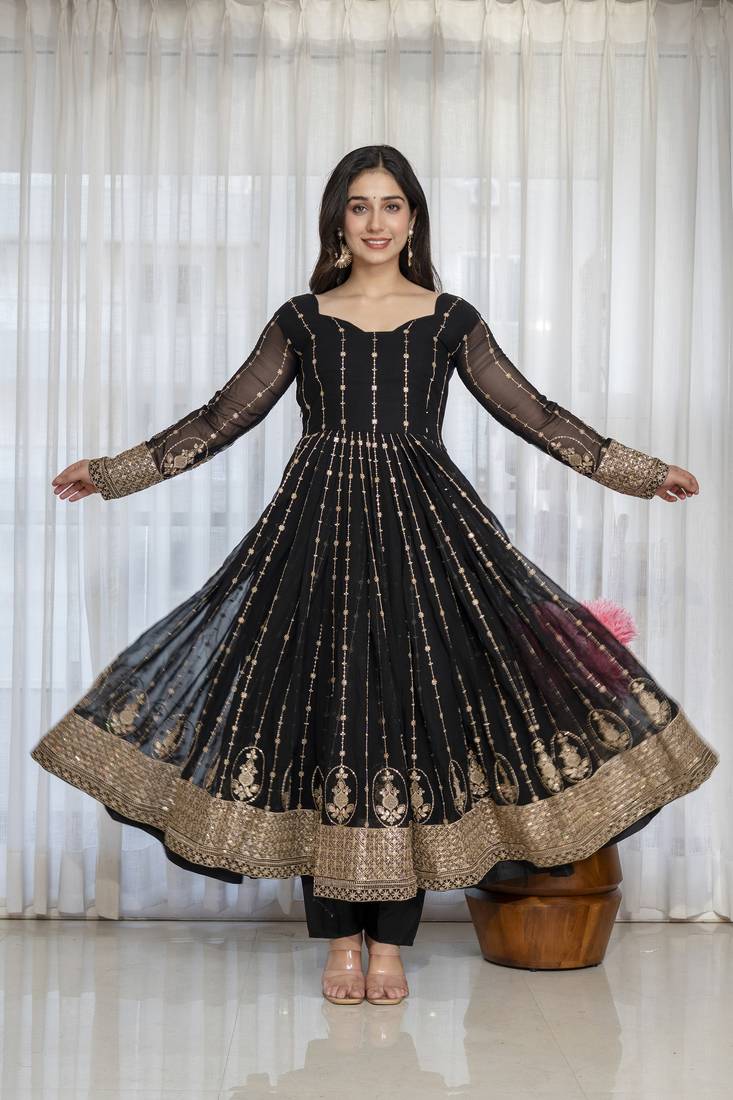 Black faux blooming zari embroidered sequins kali cut anarkali suit set with dupatta