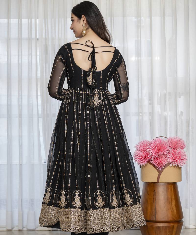 Black faux blooming zari embroidered sequins kali cut anarkali suit set with dupatta