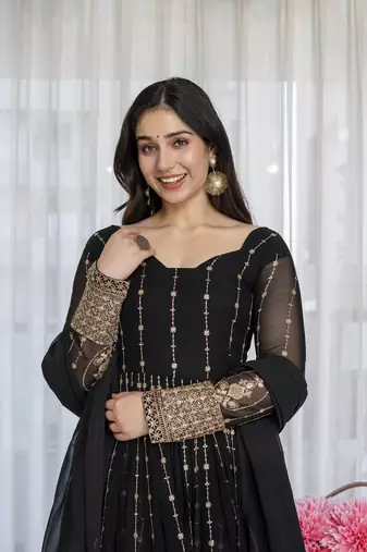 Black faux blooming zari embroidered sequins kali cut anarkali suit set with dupatta