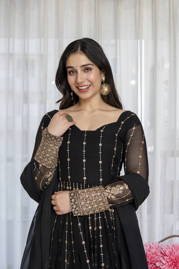 Black faux blooming zari embroidered sequins kali cut anarkali suit set with dupatta