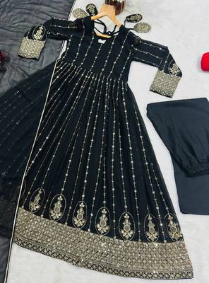 Black faux blooming zari embroidered sequins kali cut anarkali suit set with dupatta 5