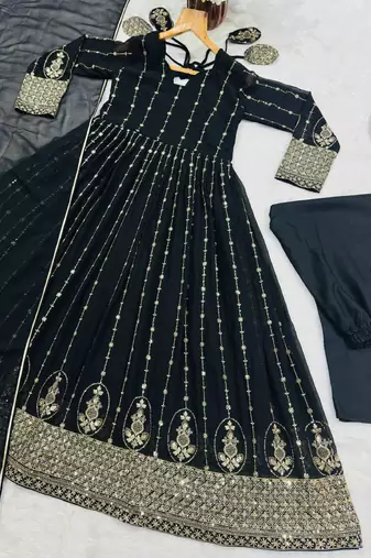 Black faux blooming zari embroidered sequins kali cut anarkali suit set with dupatta