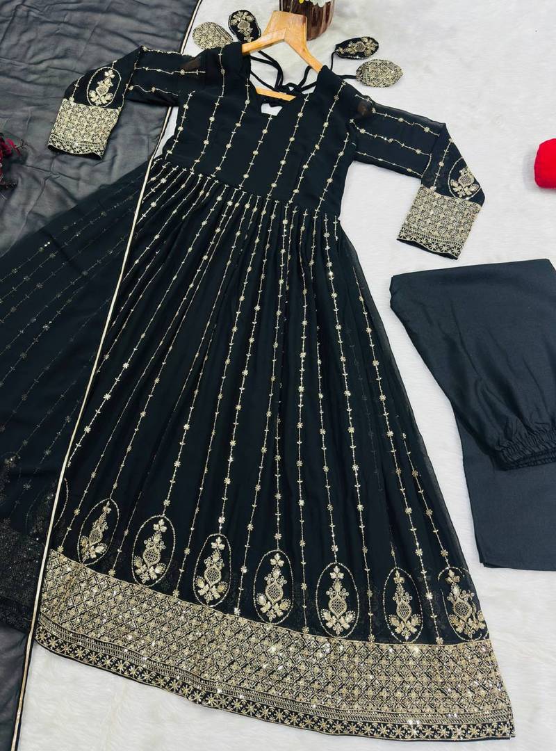 Black faux blooming zari embroidered sequins kali cut anarkali suit set with dupatta