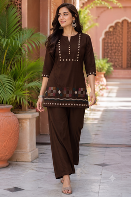Brown embroidered short kurti with pants co-ord set for women 1