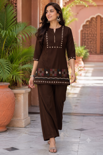 Brown embroidered short kurti with pants co-ord set for women