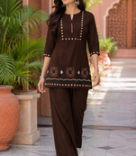 Brown embroidered short kurti with pants co-ord set for women