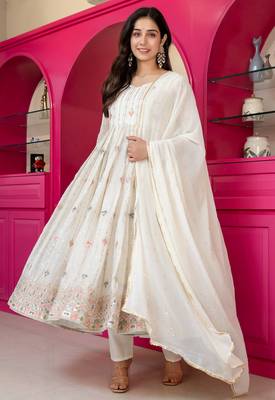 White faux blooming multi zari embroidered anarkali suit set with pant & dupatta 1