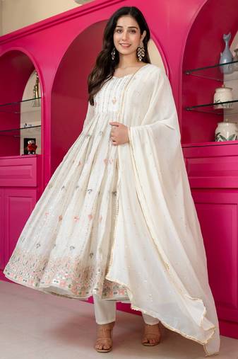 White faux blooming multi zari embroidered anarkali suit set with pant & dupatta
