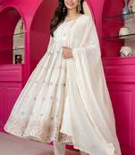 White faux blooming multi zari embroidered anarkali suit set with pant & dupatta