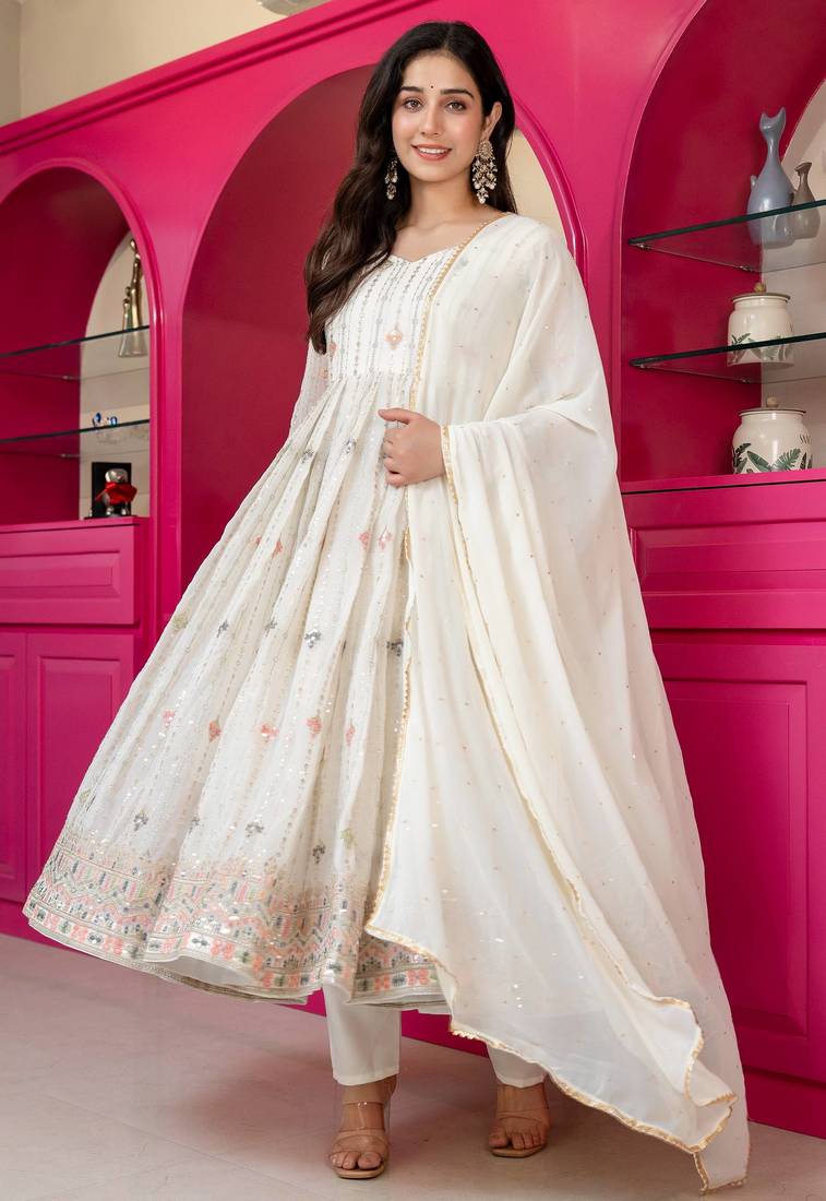 White faux blooming multi zari embroidered anarkali suit set with pant & dupatta