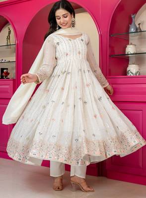 White faux blooming multi zari embroidered anarkali suit set with pant & dupatta 2