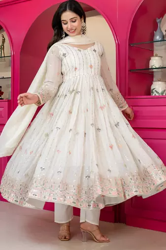White faux blooming multi zari embroidered anarkali suit set with pant & dupatta