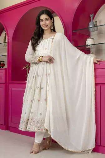 White faux blooming multi zari embroidered anarkali suit set with pant & dupatta