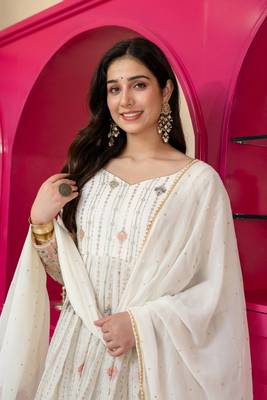 White faux blooming multi zari embroidered anarkali suit set with pant & dupatta 4