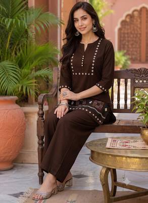 Brown embroidered short kurti with pants co-ord set for women 2