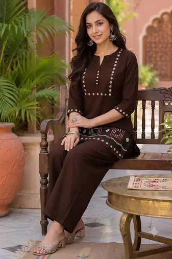 brown embroidered short kurti with pants co-ord set for women