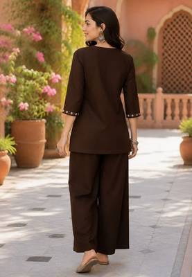 Brown embroidered short kurti with pants co-ord set for women 3