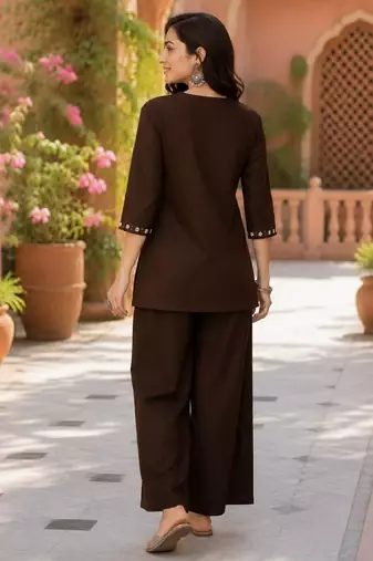 brown embroidered short kurti with pants co-ord set for women