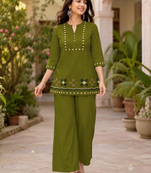 Green embroidered short kurti with pants co-ord set for women