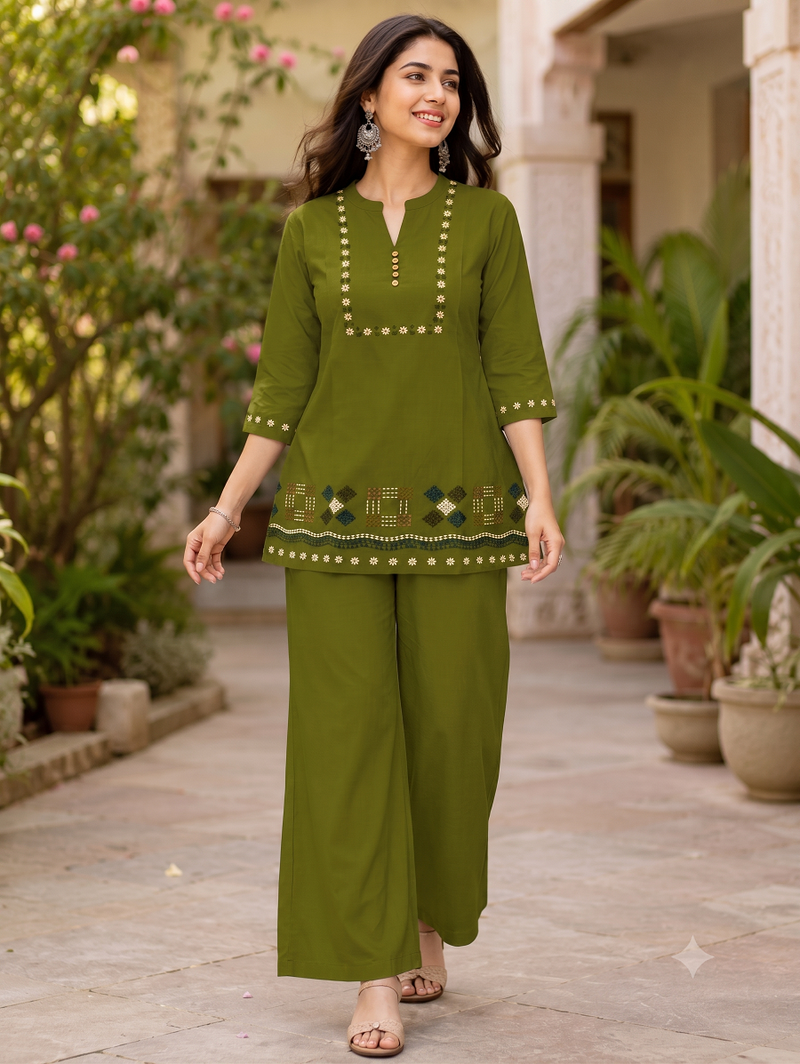Green embroidered short kurti with pants co-ord set for women