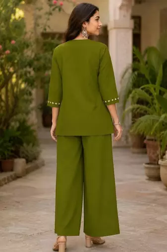 green embroidered short kurti with pants co-ord set for women