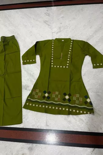 green embroidered short kurti with pants co-ord set for women