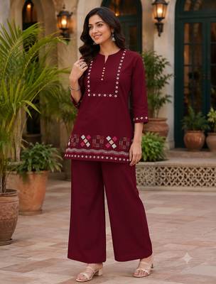 Maroon embroidered short kurti with pants co-ord set for women 1