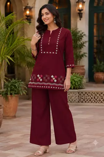 maroon embroidered short kurti with pants co-ord set for women