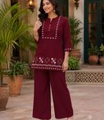 Maroon embroidered short kurti with pants co-ord set for women