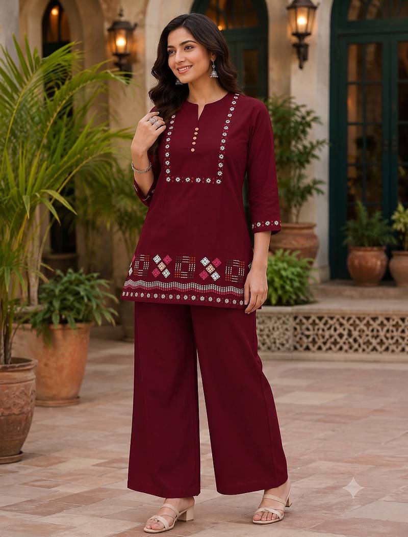 Maroon embroidered short kurti with pants co-ord set for women