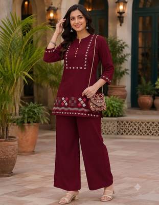 Maroon embroidered short kurti with pants co-ord set for women 2