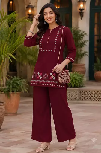 maroon embroidered short kurti with pants co-ord set for women
