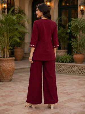 Maroon embroidered short kurti with pants co-ord set for women 3