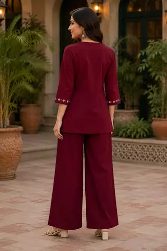 maroon embroidered short kurti with pants co-ord set for women