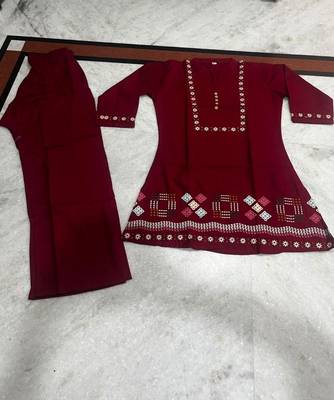 Maroon embroidered short kurti with pants co-ord set for women 4