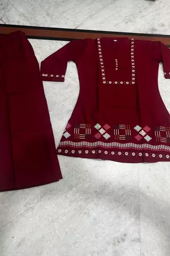 maroon embroidered short kurti with pants co-ord set for women