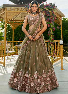 Women's Olive Green Zari Sequence Embroidery Work Lehenga Choli  1