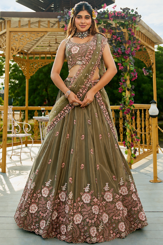 Women's Olive Green Zari Sequin Embroidery Work Lehenga Choli 