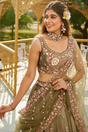 Women's Olive Green Zari Sequence Embroidery Work Lehenga Choli 