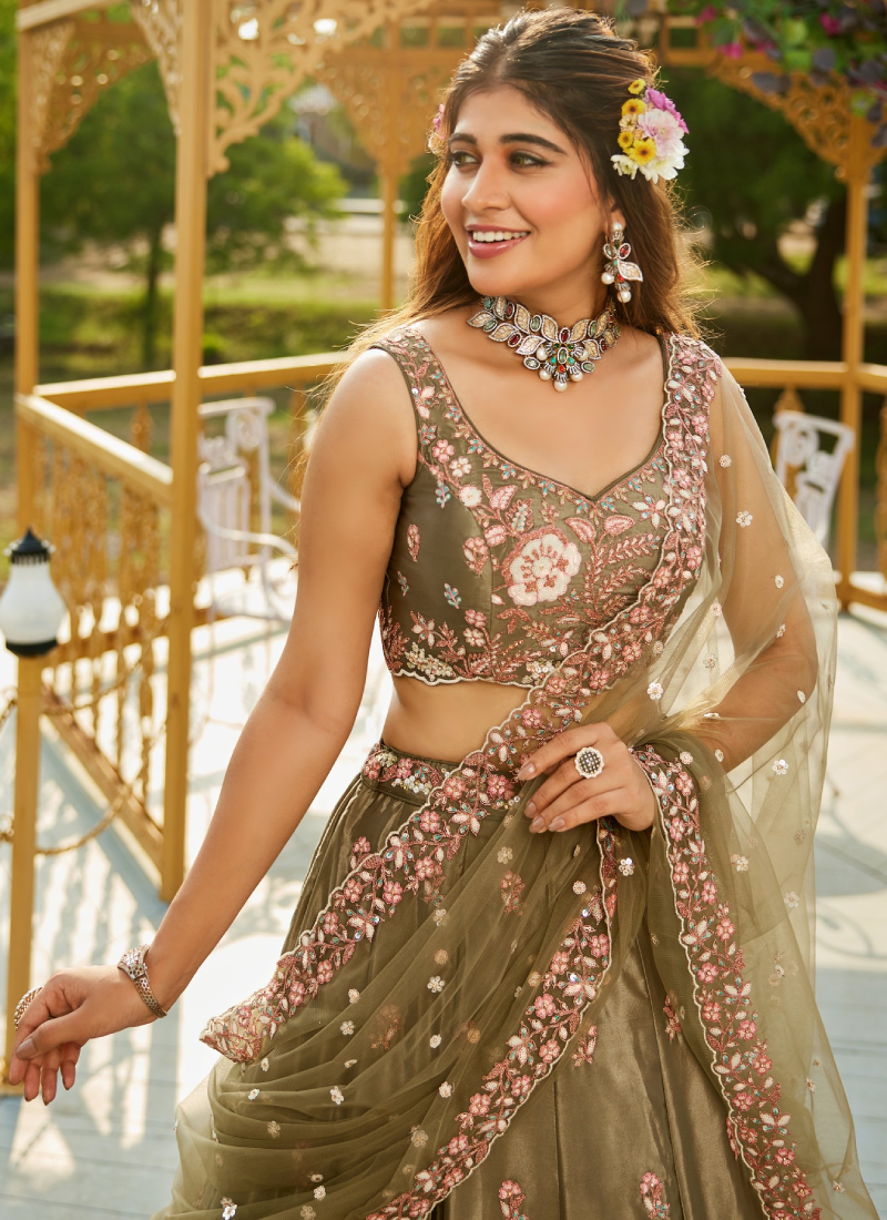 Women's Olive Green Zari Sequence Embroidery Work Lehenga Choli 