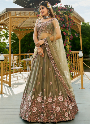 Women's Olive Green Zari Sequence Embroidery Work Lehenga Choli  3