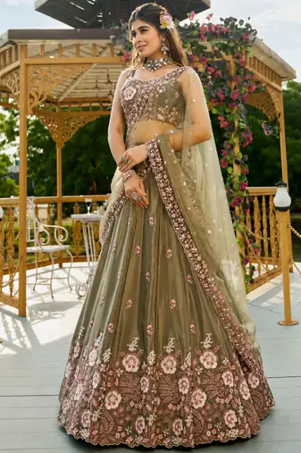 Women's Olive Green Zari Sequence Embroidery Work Lehenga Choli 