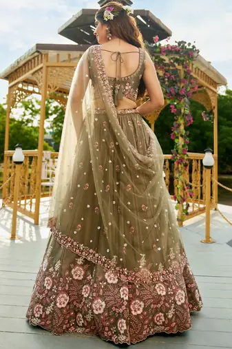 Women's Olive Green Zari Sequence Embroidery Work Lehenga Choli 