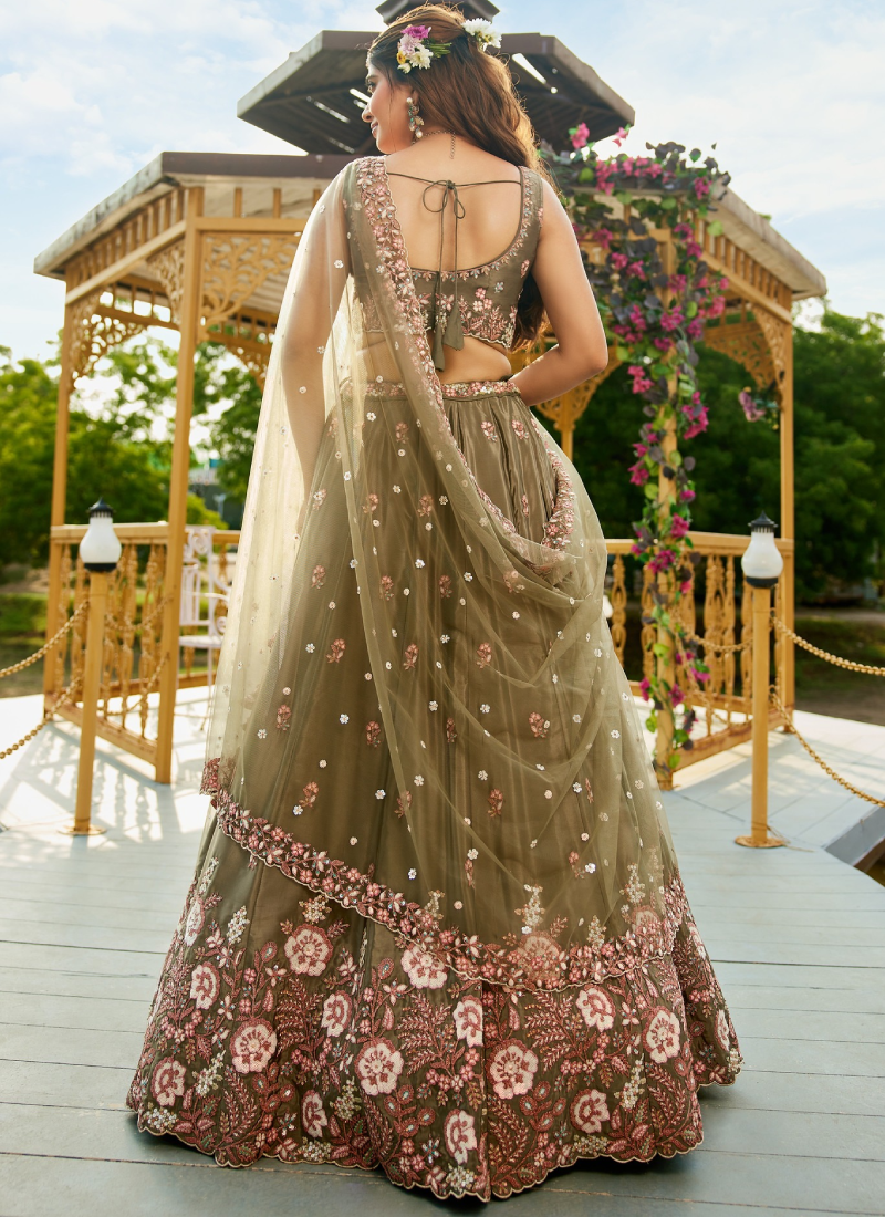 Women's Olive Green Zari Sequence Embroidery Work Lehenga Choli 