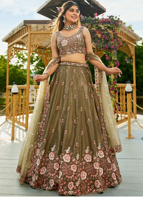 Women's Olive Green Zari Sequence Embroidery Work Lehenga Choli  5