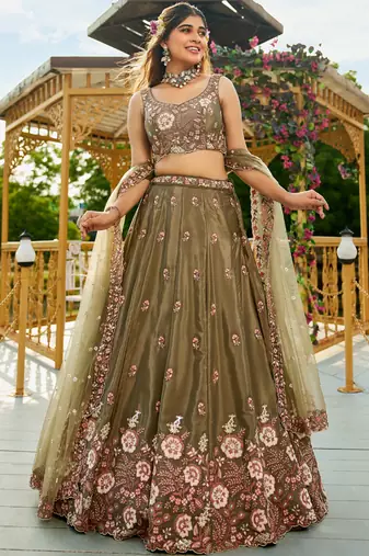 Women's Olive Green Zari Sequence Embroidery Work Lehenga Choli 